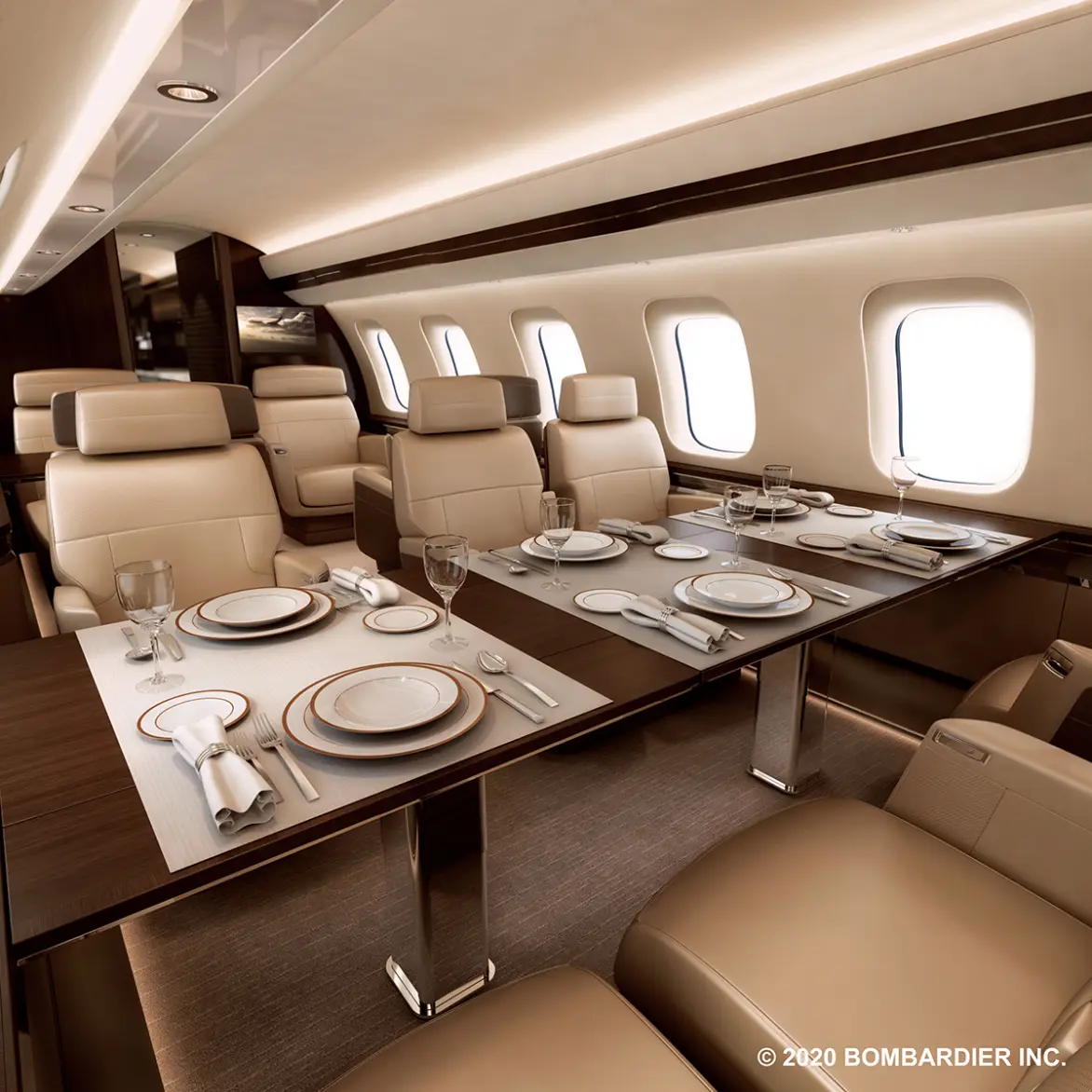 Global 7500 four-zone cabin interior — forward lounge, dedicated dining area, mid-cabin and private aft stateroom for intercontinental luxury charter