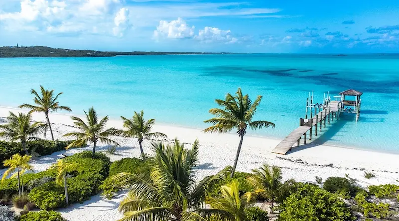 Exuma Bahamas sandbars and turquoise water from above, private jet charter