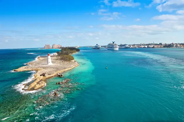 Nassau Bahamas aerial view, turquoise water and coastline from private jet