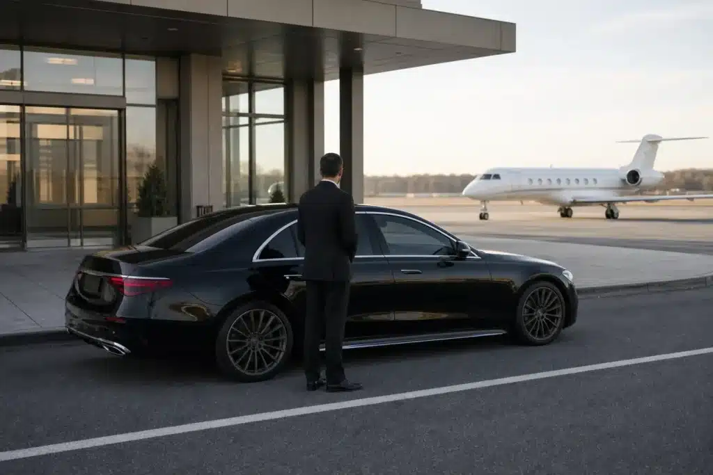 Private SUV waiting on ramp at Teterboro, Fly Tango Jets ground transport